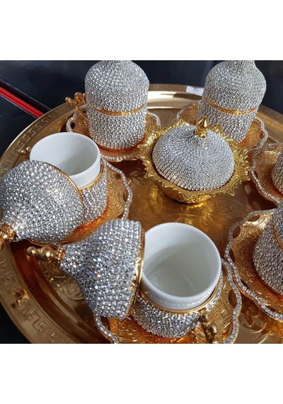 Ers 8'li Gold Beyaz Kristal Taşlı Lokumluk Kahve Fincanı Set Diğer