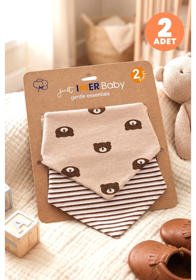 Just Inner Erkek Bebek 2'li Pamuklu Üçgen Fular Önlük Ayıcık ve Çizgili Desenli Çıtçıtlı Çift Katlı 584402 Bej