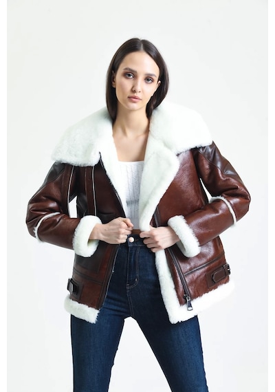 M M Marki Marki Kadın Kahverengi Vintage Deri Mont, Beyaz Kürklü, Balıkçı Yaka, Oversize, Şık Ve Sıcak - 105222