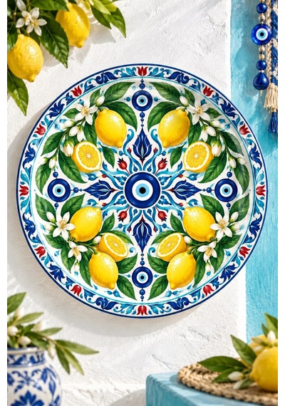 Dekoratif Duvar Tabağı Limon Ve Anadolu Motifleri Dekorlu Seramik Tabak Mavi