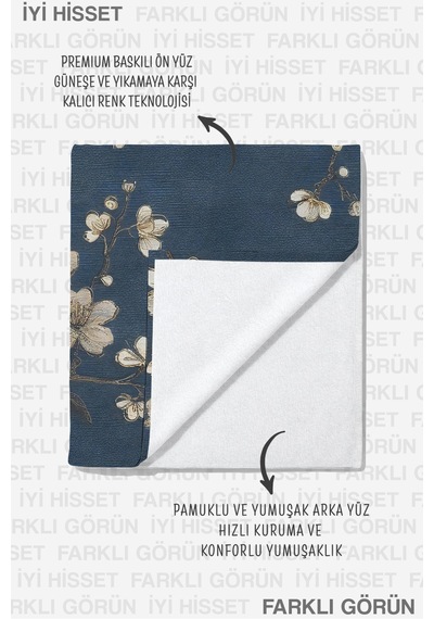 Çiçekli Lacivert Plaj Havlu Örtüsu - Vintage Sakura Modern Hızlı Kuruyan Mikrofiber Havlu Örtü Berrak Yosun