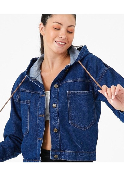 7004-kps Kadın Kapüşonlu Düğmeli Jeans Denim Kot Ceket Mavi