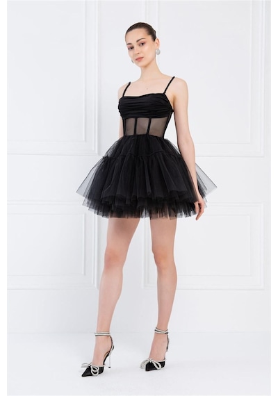 Fashion Cocktail Transparan Tül Bel Kabarık Etekli Askılı Mezuniyet Abiye Elbise Siyah Siyah Fashion Cocktail Transparan Tül Bel Kabarık Etekli Askılı Mezuniyet Abiye Elbise Siyah Siyah