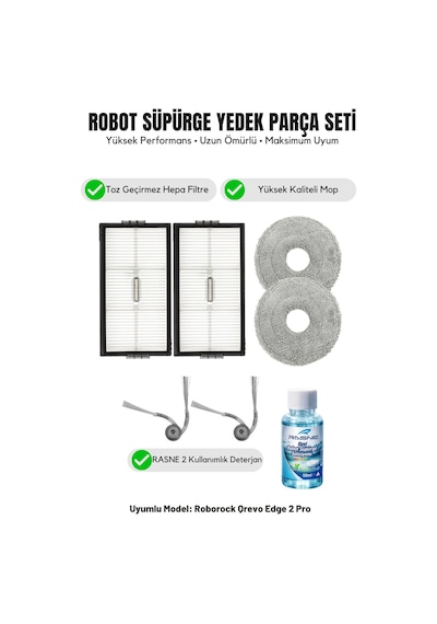 Roborock Qrevo Edge 2 Pro İle Uyumlu 2 Yan Fırça 2 Filtre 2 Mop 1 Deterjan 1.0