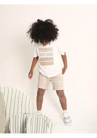Nanica Kids Erkek Çocuk Aplikeli Don't Care Yazılı T-shirt-16004 Beyaz Bej
