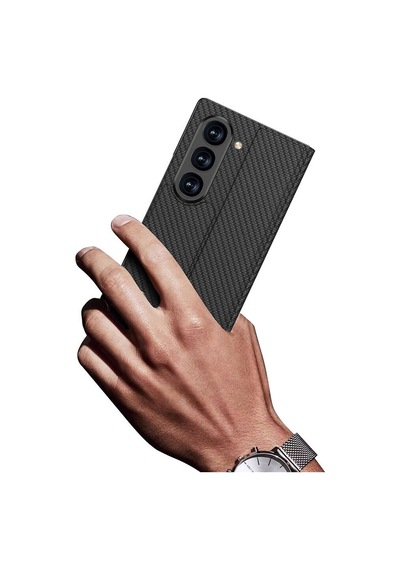 Galaxy Uyumlu Z Fold 6 Kılıf Karbon Fiber Tasarımlı Magnetik Tokalı Kartlıklı Uzrm Kıpta Zegna Kapak-siyah Siyah
