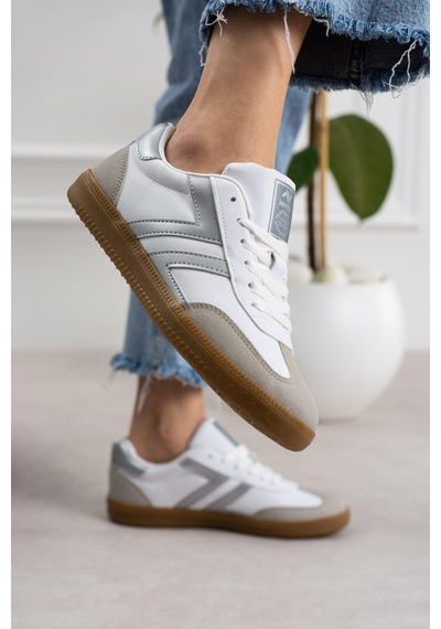 Kadın Düşük Bilek Bağcıklı Sneaker Beyaz - Gümüş