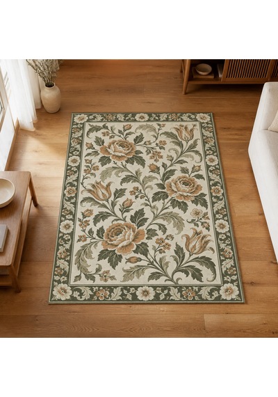Kartela Halı Vintage Çiçek Bordürlü Halı Adaçayı Yeşili Kaymaz Taban Makinede Yıkanabilir 160x240 Cm