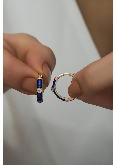 925 Ayar Gümüş Mavi Mineli 15 Mm Halka Küpe Pembe Altın