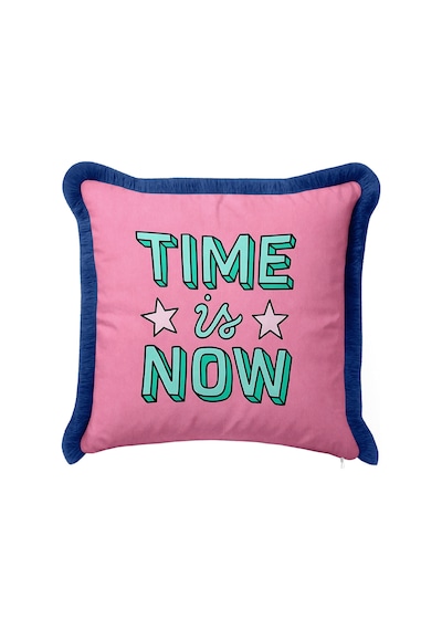 Pop Art Yıldızlı Time İs Now Saçaklı Yastık Kılıfı - Enerjik Pembe Lacivert Püsküllü Kırlent Kılıfı Sakin Vadi Saten