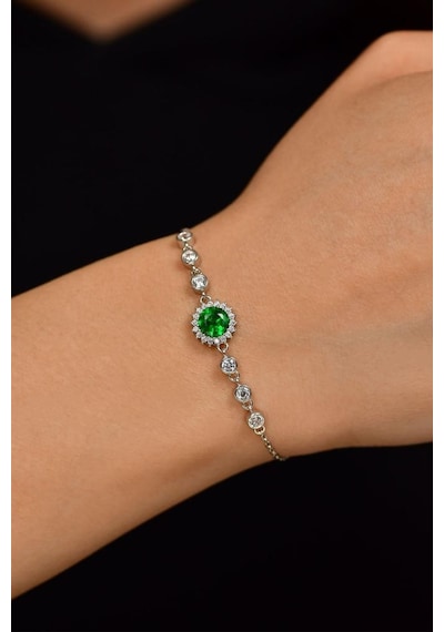 Roza Silver Zümrüt Taşlı Rodyum Yuvarlak Anturaj Gümüş Bileklik