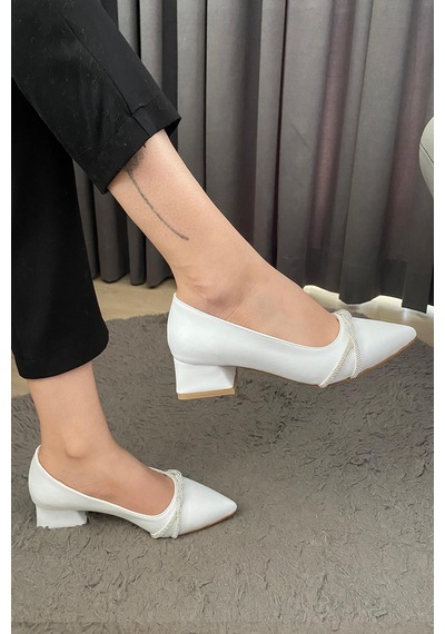 Kadın Valeri Beyaz Çapraz Taşlı Stiletto Alcak Ökçe Abiye Ayakkabı-beyaz