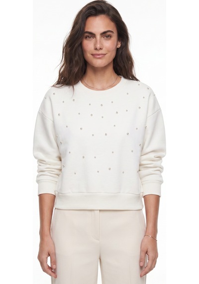 Onloox Kadın Ekru Ekru Pamuklu Bisiklet Yaka Üç İplik Şardonlu Önü İnci Çakmalı Sweatshirt