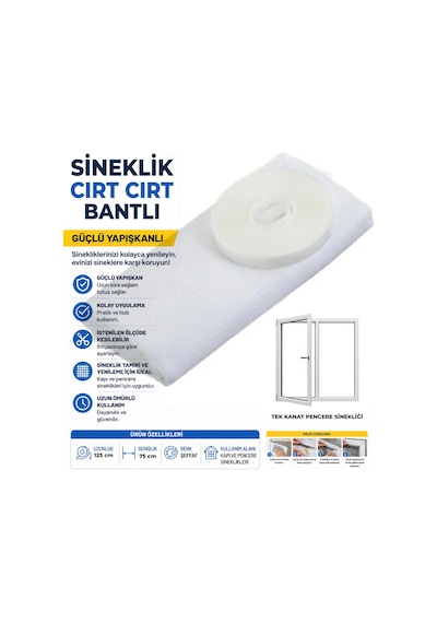 Pratik Cırt Bantlı Pencere Sinekliği 75x125 Cm Deliksiz Montaj Tek Kanat Beyaz Sineklik