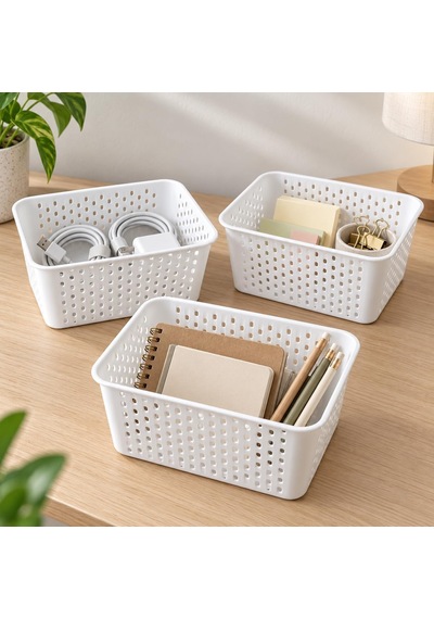3 Adet Beyaz Plastik Sepet Düzenleyici Organizer Seti, Çok Amaçlı Delikli Saklama Sepeti, Çekmece İçi Ve Dolap İ Diğer