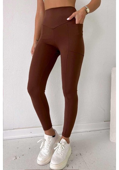 Mine Tan Butik Yanı Cepli Toparlayıcı Yüksek Bel Likralı Spor Tayt - Koyu Kahve Kahverengi Mine Tan Butik Yanı Cepli Toparlayıcı Yüksek Bel Likralı Spor Tayt - Koyu Kahve Kahverengi