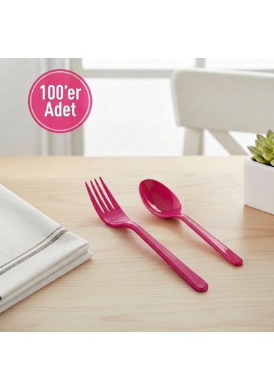 100 'er Adet Fuşya Plastik Lüx Çatal Ve Kaşık Seti