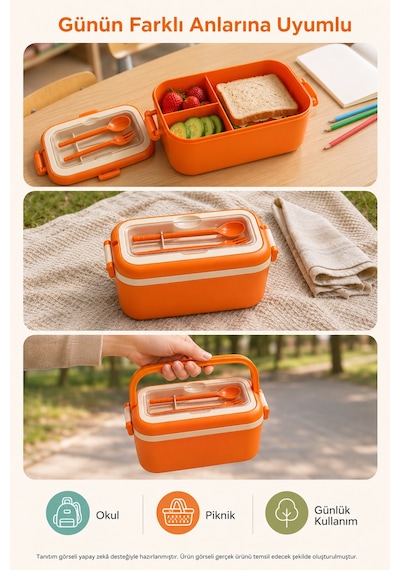 Turuncu 3 Bölmeli Çocuk Beslenme Kutusu Kaşık Çatal Dahil Kilitli Kapaklı Taşıma Saplı Lunch Box Diğer