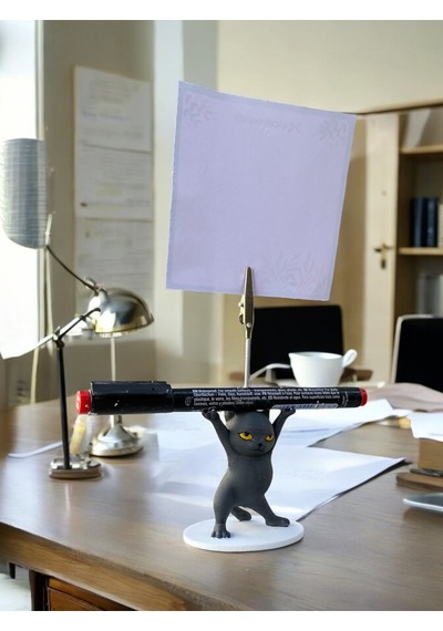 Antrasit Renk Kalem Tutabilen Dansçı Kedi Fotoğraf Not Tutacağı Ofis Masası Hediyelik Turuncu