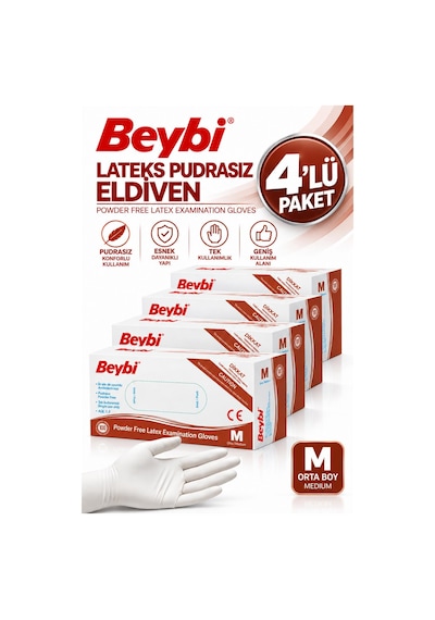 Beybi Pudrasız Lateks Muayene Eldiveni Medium 100'lü 4 Adet
