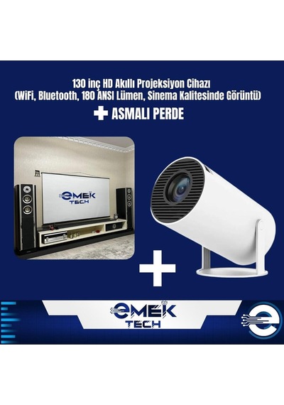 130\" Hd Akıllı Projeksiyon Cihazı Wifi,bluetooth,180 Ansı Lümen, Hd Görüntü + Asmalı Perde-120849