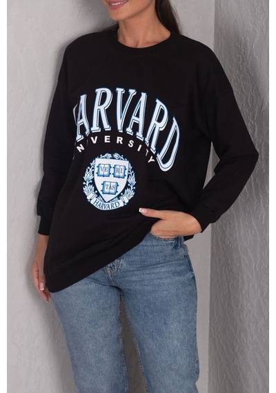 Armonika Kadın Siyah Önü Yazılı Yuvarlak Yaka Oversize Uzun Kol Sweatshirt Arm-24k024005