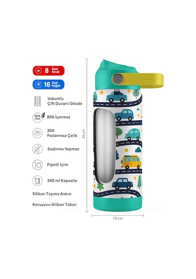 Puccon 540 Ml Araba Ve Yol Desenli Yeşil - Beyaz Erkek Çocuk Pipetli Çelik Termos Matara/suluk - 60054