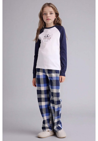 Defacto Kız Çocuk Pijama Takımı Baskılı Uzun Kollu Üst Kareli Uzun Alt F7288a825auwt79 Beyaz-wt79