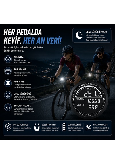 Kenly Bisiklet Bilgisayarı Km Saati Hız Mesafe Ölçer Lcd Ekranlı Su Geçirmez Kablolu Siyah