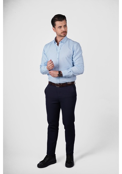 Açık Mavi Yaka Düğmeli Premium Şamre Slimfit Erkek Gömlek Açık Mavi