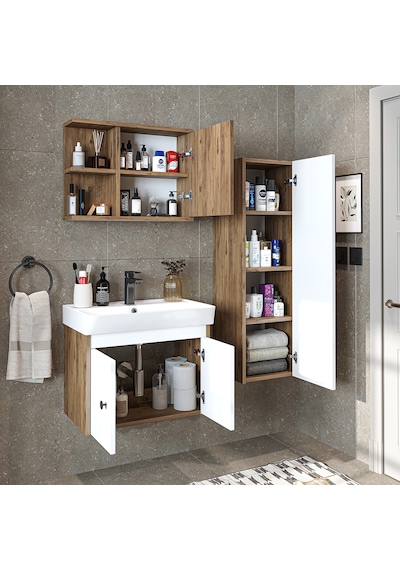 Ada Lavabolu Banyo Alt Dolabı + Banyo Üst Dolap + Banyo Boy Dolap Atlantik Çam - Beyaz Ada Lavabolu Banyo Alt Dolabı + Banyo Üst Dolap + Banyo Boy Dolap Atlantik Çam - Beyaz