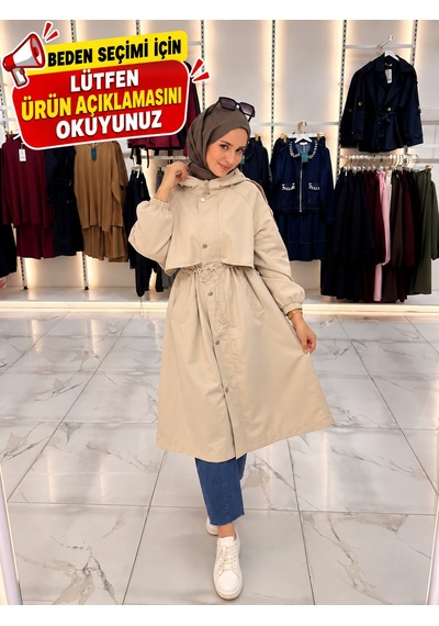 Esra Butik78 Kadın Kapüşonlu Bel Büzgülü Büyük Beden Parka Mont Krem