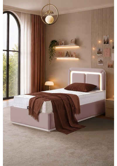 Demonte Baza Seti, Nox Ledli Tek Kişilik Baza Başlık Seti - İkili Set, Pembe - 100x200 Cm 100 x 200