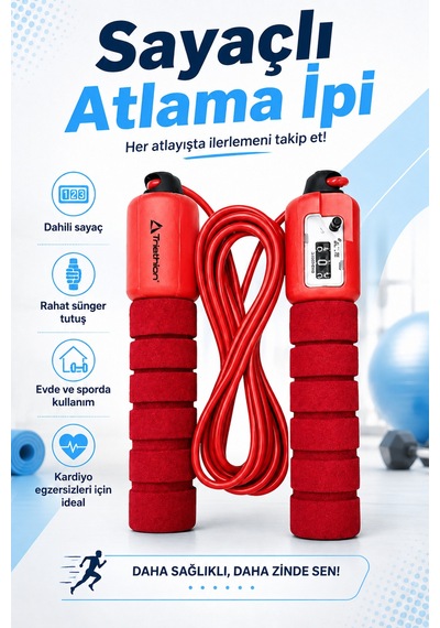 Sayaçlı Atlama İpi Sünger Tutma Saplı Sporcu Fitness Kardiyo Egzersiz Antrenman İpi Kırmızı