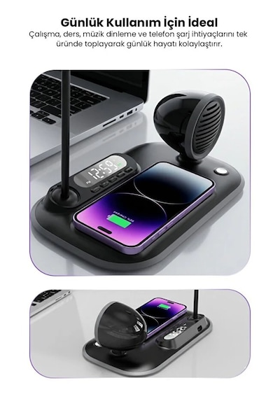 4-in-1 Kablosuz Şarj Standı İphone & Android Uyumlu, Siyah Masa Lambası Ve Bluetooth Hoparlörlü
