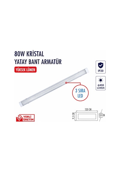 Lampist 80w 120 Cm Kristal Yatay Bant Armatür 6500k Beyaz