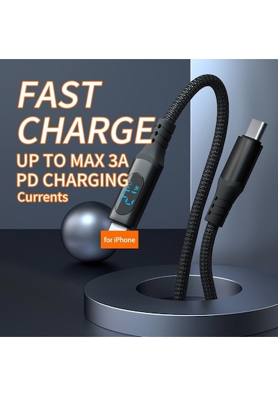 Cr17 İ-phone İle Uyumlu Pd27w Hızlı Şarj Kablosu Asla Kopmaz Örgü Kablo Led Ekranlı Type-c'den Lighting Kablo 1 Metre -