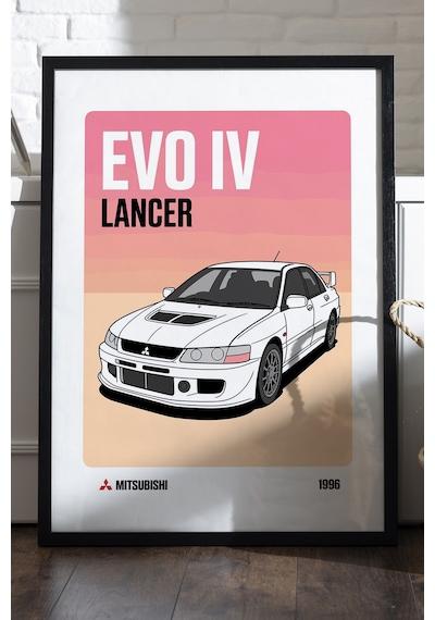 Mitsubishi Lancer Evo Iv Siyah Ahşap Çerçeveli Poster, Dekoratif Araba Duvar Tablosu