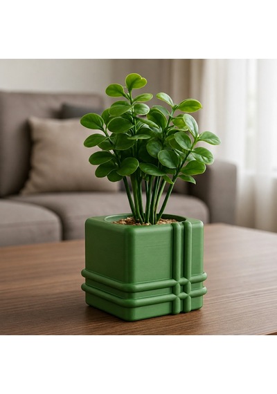 3d Baskı Square Planter - Izgara Desenli Küp Saksı-yeşil