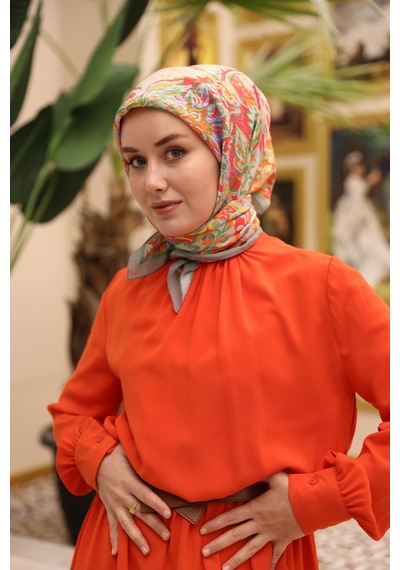Silk Home Olinda İpek Eşarp 47002-34 Gri, Parlak Turuncu, Yeşil, Leylak, Mercan