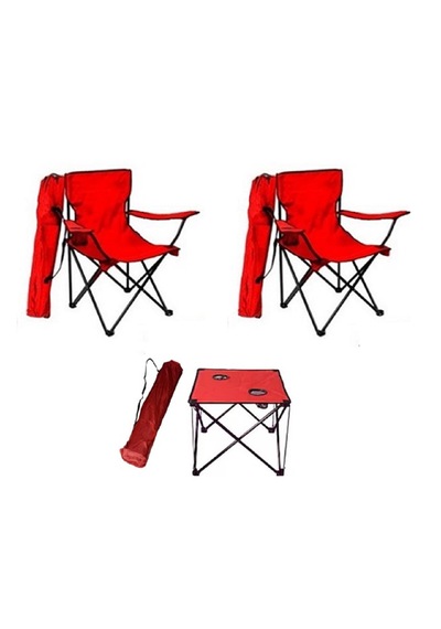 2 Ad Kırmızı Katlanır Kamp Sandalyesi+1 Ad Masa Piknik Çantalı Kırmızı