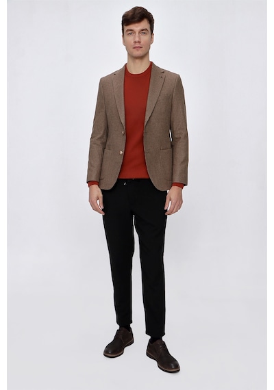 MORVEN  Erkek Kahverengi Yünlü Pitikareli Dokuma Slim Fit Dar Kes Kahverengi