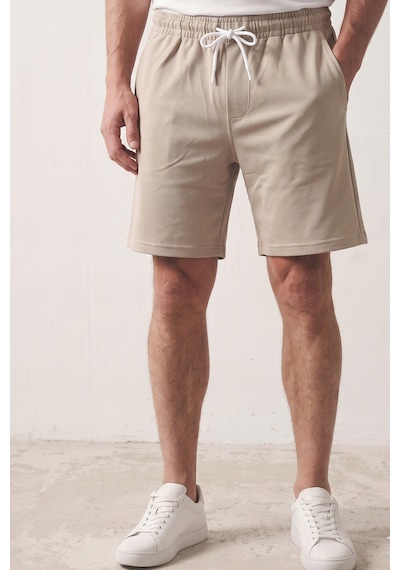 Elemge Erkek Bej Pike Dokulu Kumaş Rahat Kalıp Beli İpli Şort Günlük Basic Regular Fit Cepli Normal Bel Esnek Bermuda