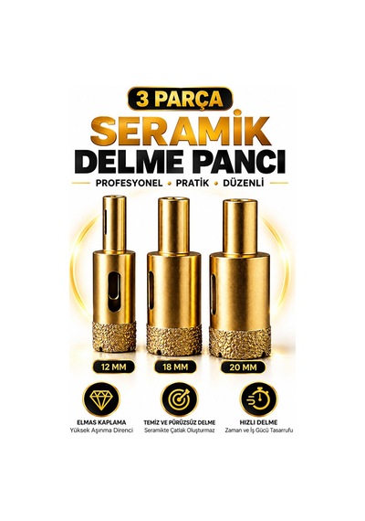 Seramik Delme Pançı 3 Lü Set 12-18-20 Mm Elmas Kaplama M14 Uyumlu