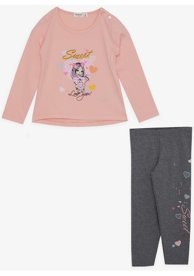 Breeze Kız Çocuk Taytlı Takım Sevimli Kız Baskılı Kalpli 2-6 Yaş, Pembe-pembe Pembe