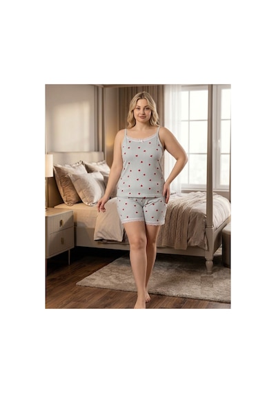Eyfuze Kadın Milan Kumaş Büyük Beden Curve Baskılı Desenli Şortlu Pijama Takımı Gri-2