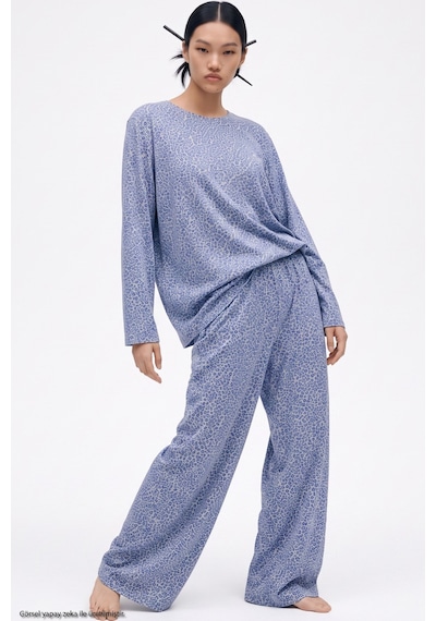 Siyah İnci Leopar Baskılı Örme Pijama Takım 8078 Mavi Leopar