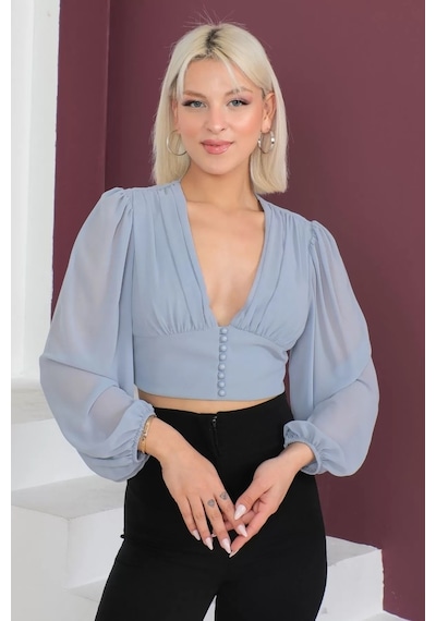 Lodmela Şifon Crop Bluz 1766 Gri