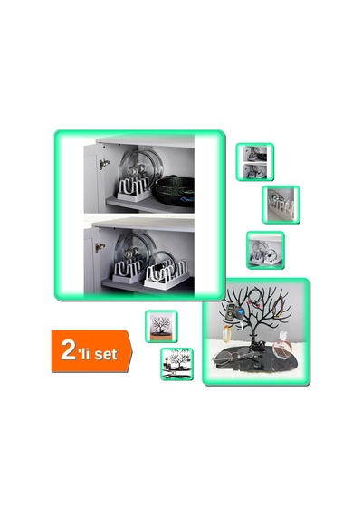 6 Bölmeli Tencere Kapak Rafı Organizeri + Siyah Geyik Şeklinde Takı Yüzük Düzenleyici - 2li Set U8z4 Belirtilmemiş
