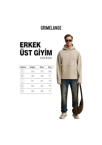 Grımelange Colega Erkek Yumuşak İçi Polarlı Organik Pamuklu Kanguru Cepli Taş Rengi Sweatshirt Taş Rengi